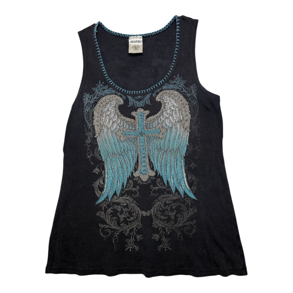Women's Vocal Black Tank Top w/ Detailed Stitching Cross Wings Size XL